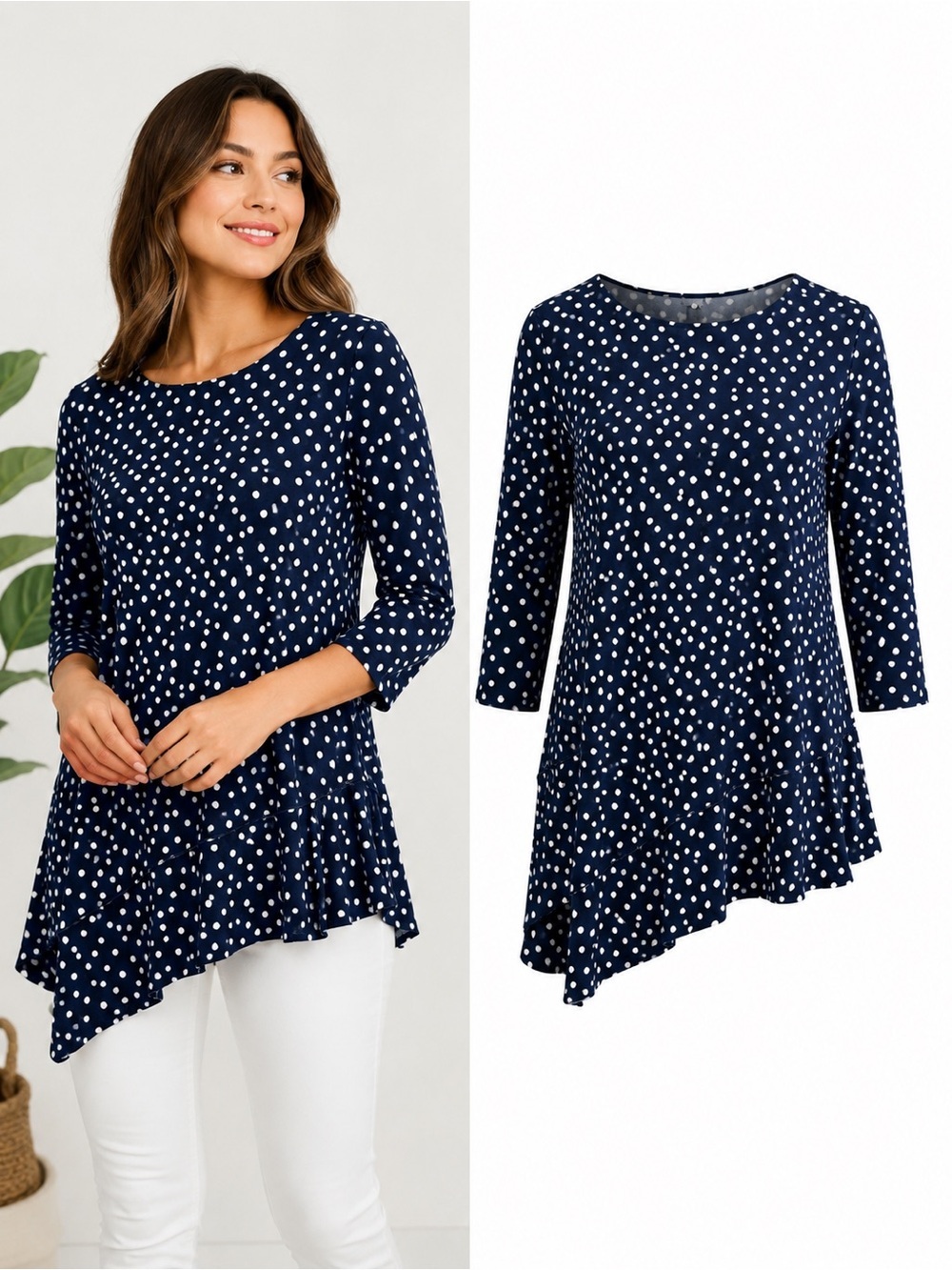 Lisa Bayne | Navy Polka Dot Asymmetrical Tunic Top | XS | Stretchy Career Casual